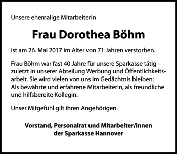 Traueranzeige von Dorothea Böhm von HAZ/NP