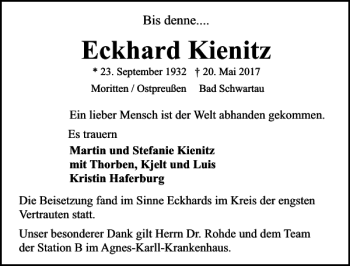 Traueranzeige von Eckhard Kienitz von Lübecker Nachrichten