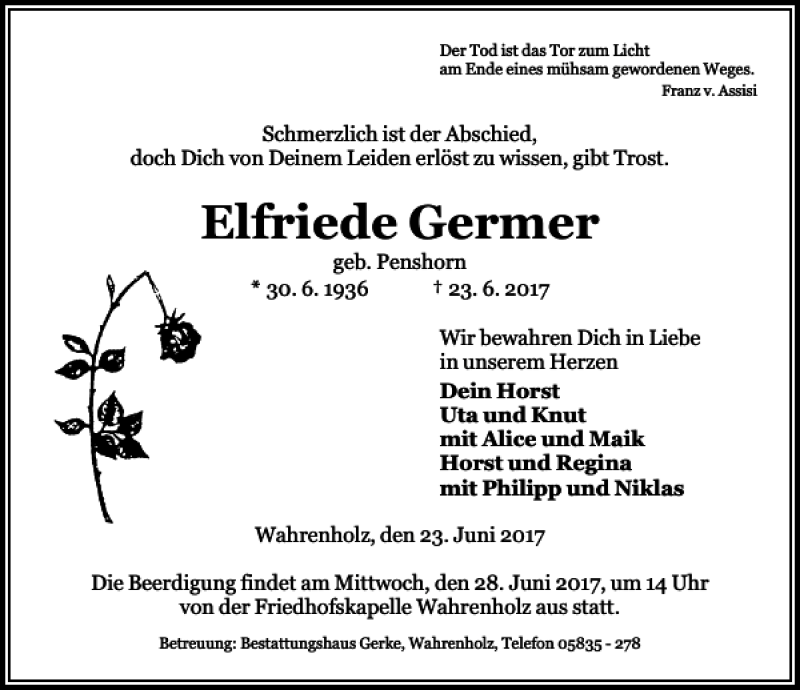  Traueranzeige für Elfriede Germer vom 27.06.2017 aus Aller Zeitung / Wolfsburger Allgemeine