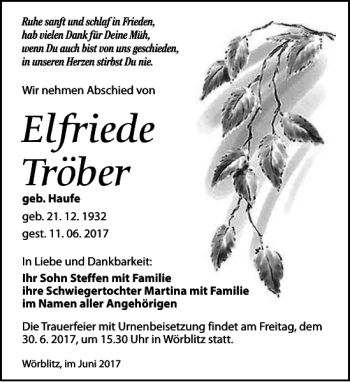 Traueranzeige von Elfriede Tröber von Torgauer Zeitung