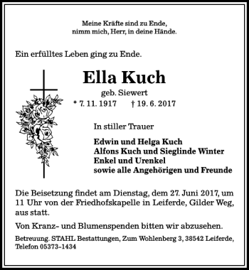 Traueranzeige von Ella Kuch von Aller Zeitung / Wolfsburger Allgemeine