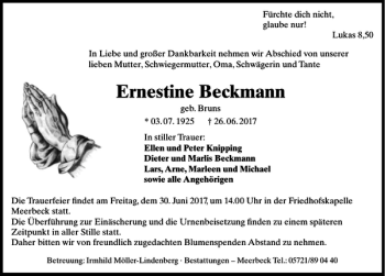 Traueranzeige von Ernestine Beckmann von Schaumburger Nachrichten