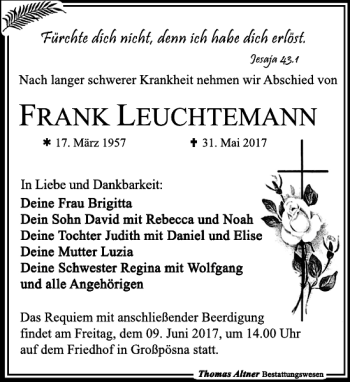 Traueranzeige von Frank Leuchtemann von Leipziger Volkszeitung