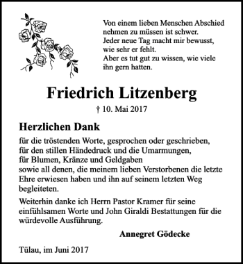 Traueranzeige von Friedrich Litzenberg von Aller Zeitung / Wolfsburger Allgemeine