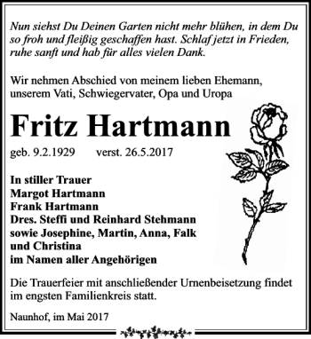 Traueranzeige von Fritz Hartmann von Leipziger Volkszeitung