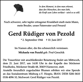 Traueranzeige von Gerd Rüdiger von Pezold von HAZ/NP