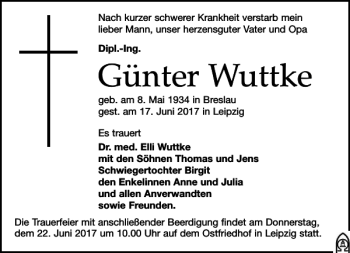 Traueranzeige von Günter Wuttke von Leipziger Volkszeitung