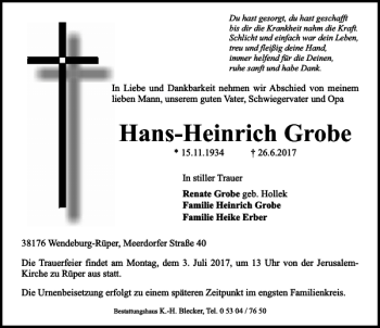 Traueranzeige von Hans-Heinrich Grobe von Peiner Allgemeine Zeitung