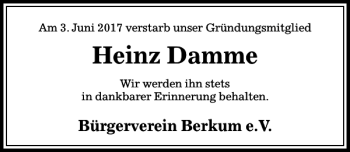 Traueranzeige von Heinz Damme von Peiner Allgemeine Zeitung