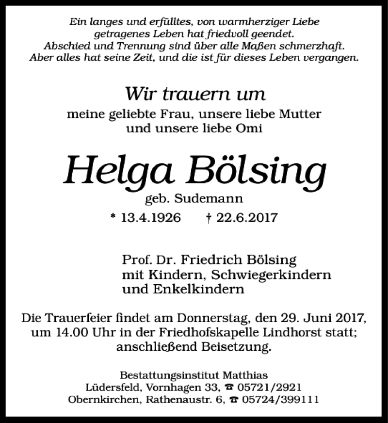  Traueranzeige für Helga Bölsing vom 29.06.2017 aus Schaumburger Nachrichten