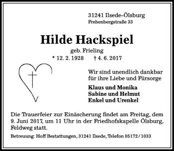 Traueranzeige von Hilde Hackspiel von Peiner Allgemeine Zeitung