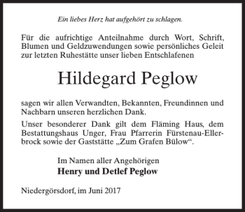 Traueranzeige von Hildegard Peglow von MAZ-Trauer.de