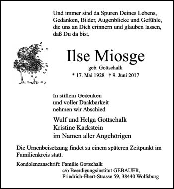 Traueranzeige von Ilse Miosge von Aller Zeitung / Wolfsburger Allgemeine