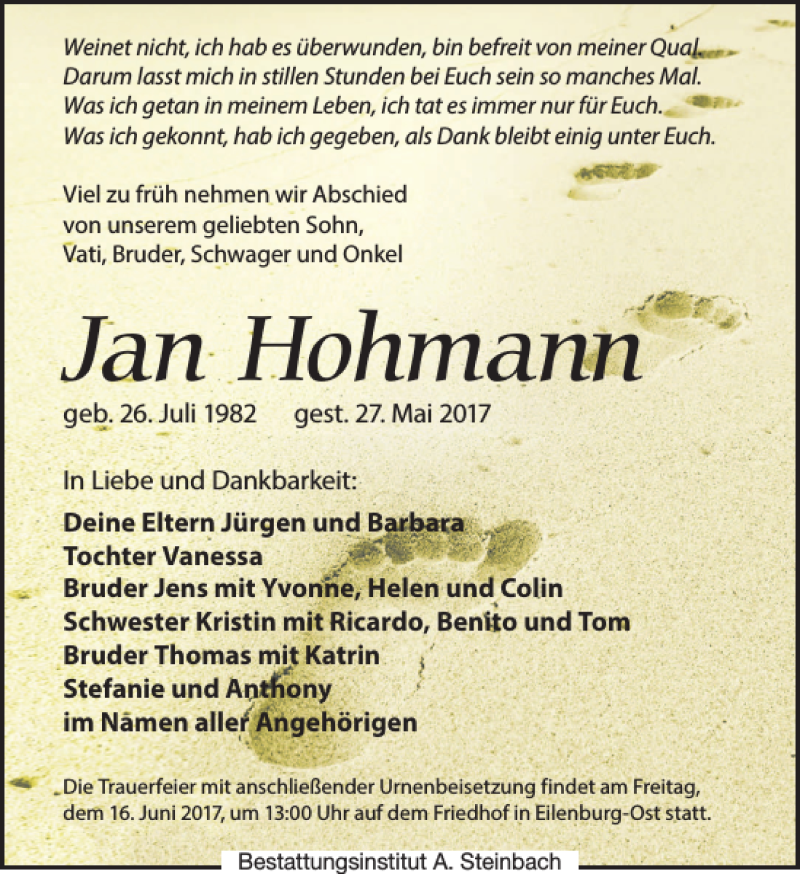  Traueranzeige für Jan Hohmann vom 03.06.2017 aus Leipziger Volkszeitung