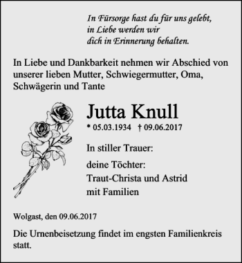 Traueranzeige von Jutta Knull von Ostsee-Zeitung