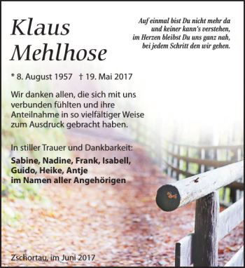 Traueranzeige von Klaus Mehlhose von Leipziger Volkszeitung