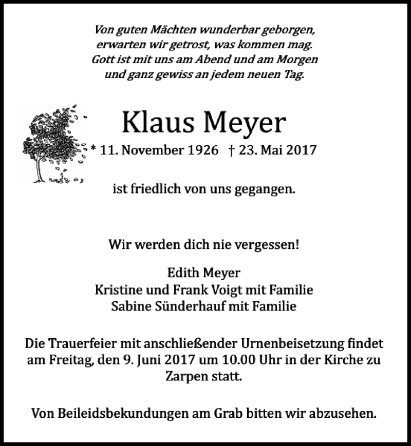 Traueranzeigen Von Klaus Meyer | Trauer-anzeigen.de