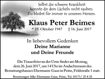 Traueranzeige von Klaus Peter Beimes von Peiner Allgemeine Zeitung