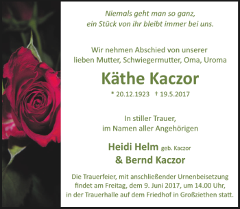 Traueranzeige von Käthe Kaczor von MAZ-Trauer.de