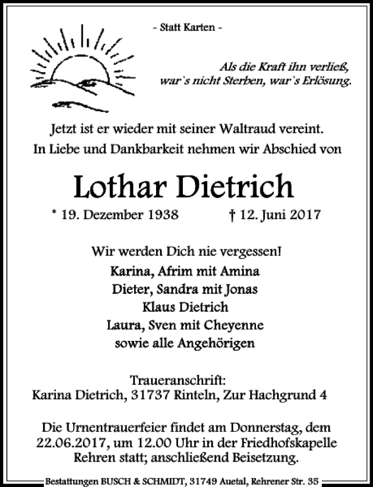  Traueranzeige für Lothar Dietrich vom 17.06.2017 aus Schaumburger Nachrichten