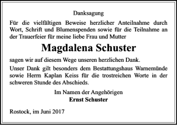 Traueranzeige von Magdalena Schuster von Ostsee-Zeitung
