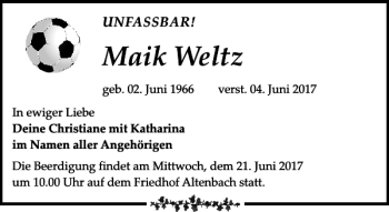 Traueranzeige von Maik Weltz von Leipziger Volkszeitung