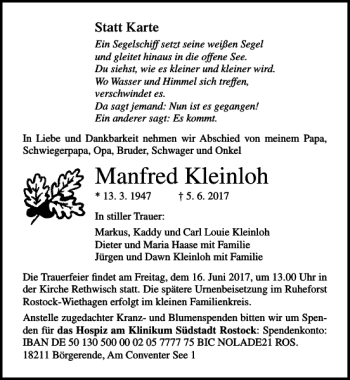 Traueranzeige von Manfred Kleinloh von Ostsee-Zeitung