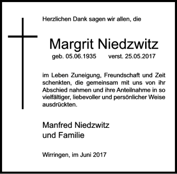 Traueranzeige von Margrit Niedzwitz von HAZ/NP