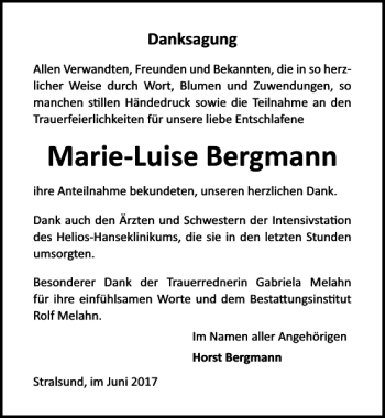 Traueranzeige von Marie-Luise Bergmann von Ostsee-Zeitung