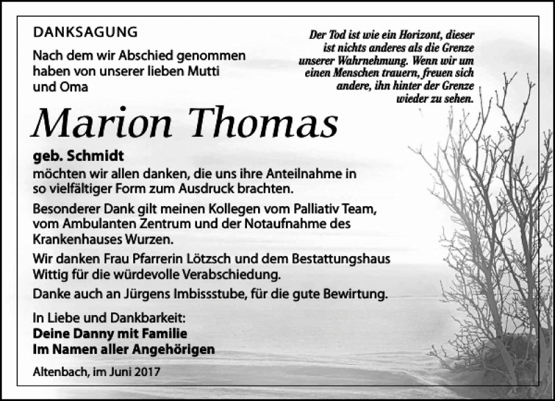  Traueranzeige für Marion Thomas vom 10.06.2017 aus Leipziger Volkszeitung