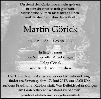 Traueranzeige von Martin Görick von MAZ-Trauer.de