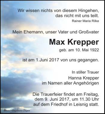 Traueranzeige von Max Krepper von Leipziger Volkszeitung