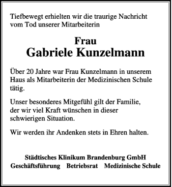 Traueranzeige von Nachruf Gabriele Kunzelmann von MAZ-Trauer.de