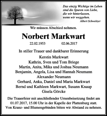 Traueranzeige von Norbert Markwart von MAZ-Trauer.de