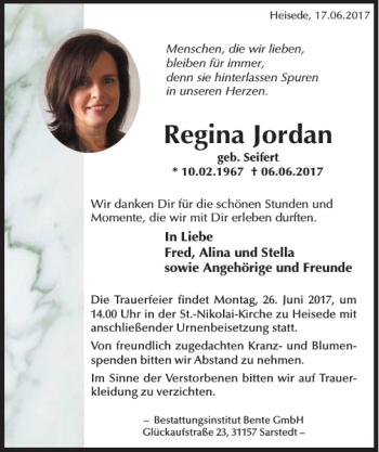 Traueranzeige von Regina Jordan von HAZ/NP