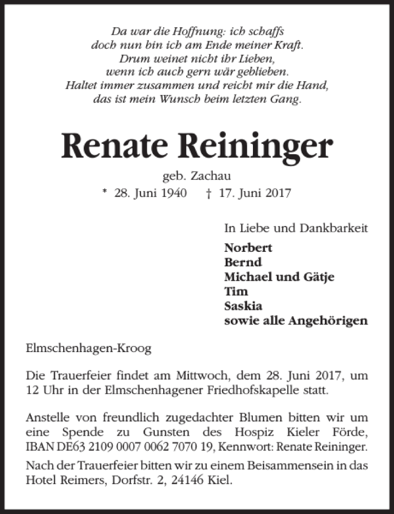  Traueranzeige für Renate Reininger vom 24.06.2017 aus Kieler Nachrichten / Segeberger Zeitung