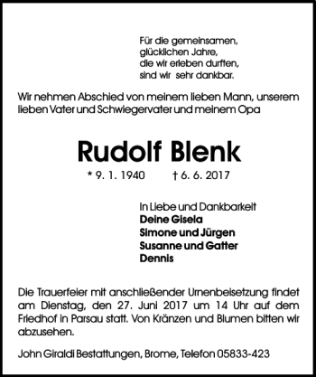 Traueranzeige von Rudolf Blenk von Aller Zeitung / Wolfsburger Allgemeine