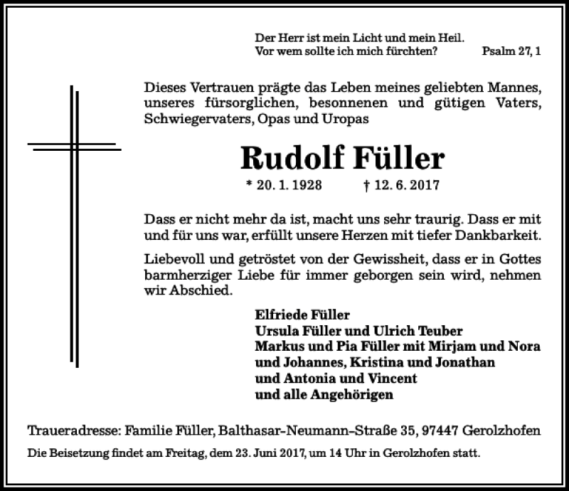 Traueranzeigen Von Rudolf Füller | Trauer-anzeigen.de