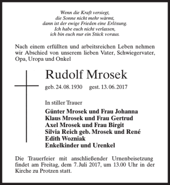 Traueranzeige von Rudolf Mrosek von MAZ-Trauer.de