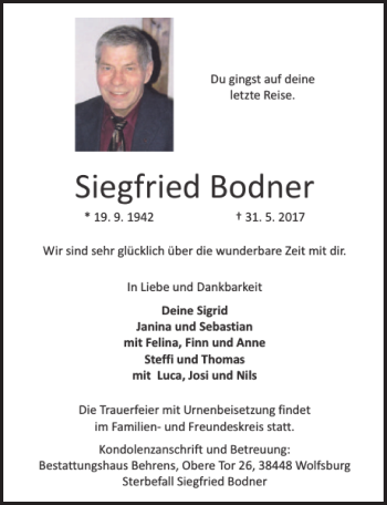 Traueranzeige von Siegfried Bodner von Aller Zeitung / Wolfsburger Allgemeine