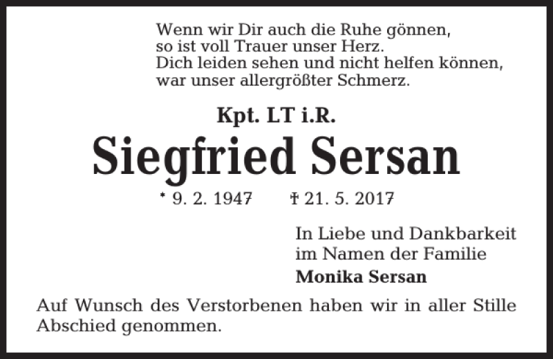  Traueranzeige für Siegfried Sersan vom 03.06.2017 aus Kieler Nachrichten / Segeberger Zeitung