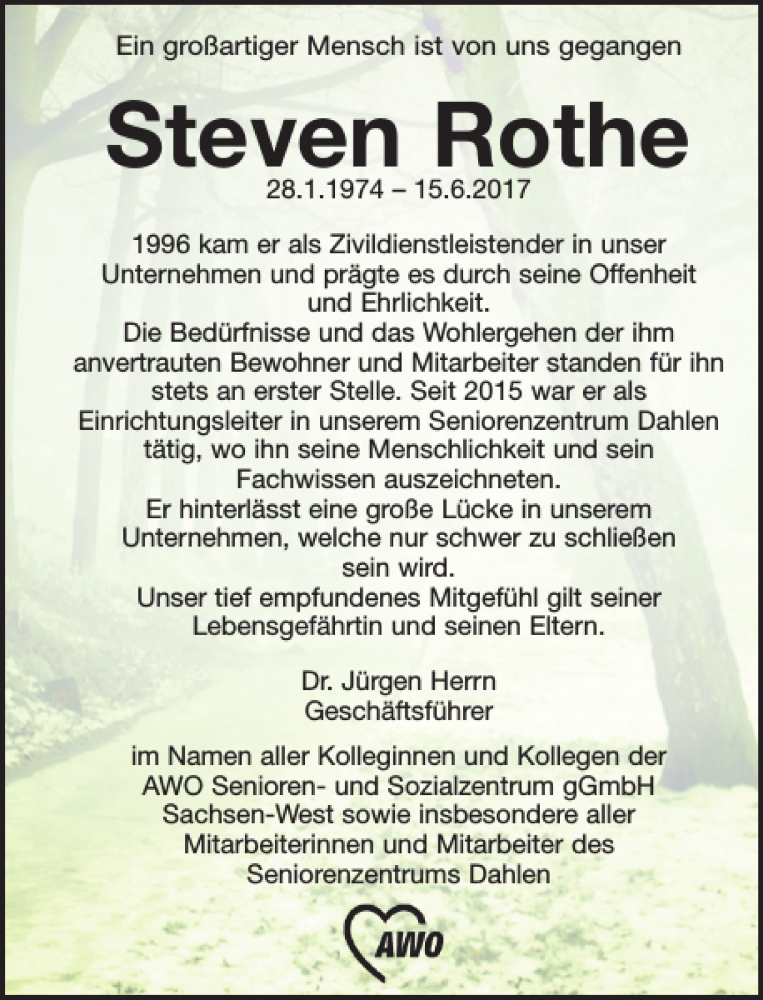  Traueranzeige für Steven Rothe vom 24.06.2017 aus Leipziger Volkszeitung