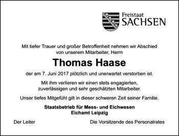 Traueranzeige von Thomas Haase von Leipziger Volkszeitung