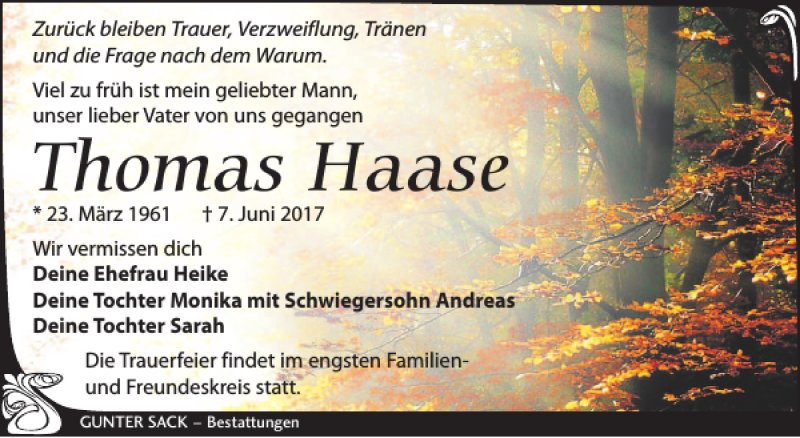  Traueranzeige für Thomas Haase vom 17.06.2017 aus Leipziger Volkszeitung