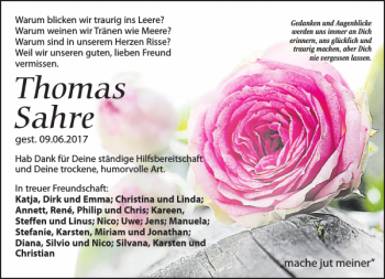 Traueranzeige von Thomas Sahre von Leipziger Volkszeitung