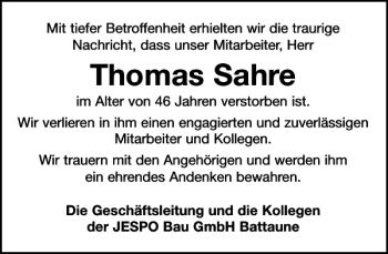 Traueranzeige von Thomas Sahre von Leipziger Volkszeitung