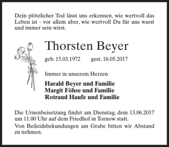 Traueranzeige von Thorsten Beyer von MAZ-Trauer.de