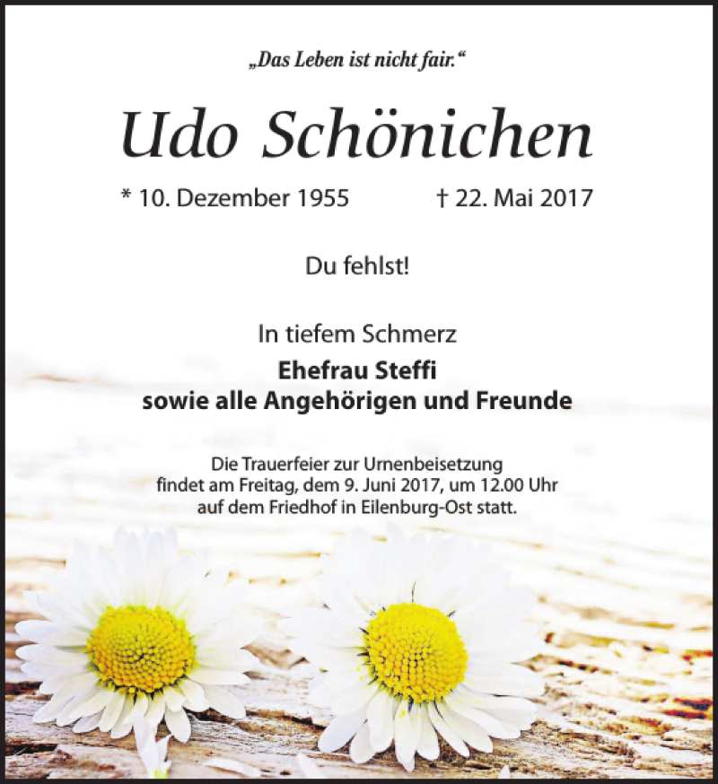  Traueranzeige für Udo Schönichen vom 03.06.2017 aus Leipziger Volkszeitung