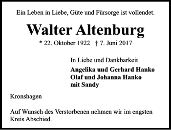 Traueranzeige von Walter Altenburg von Kieler Nachrichten / Segeberger Zeitung