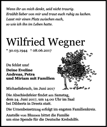 Traueranzeige von Wilfried Wegner von MAZ-Trauer.de